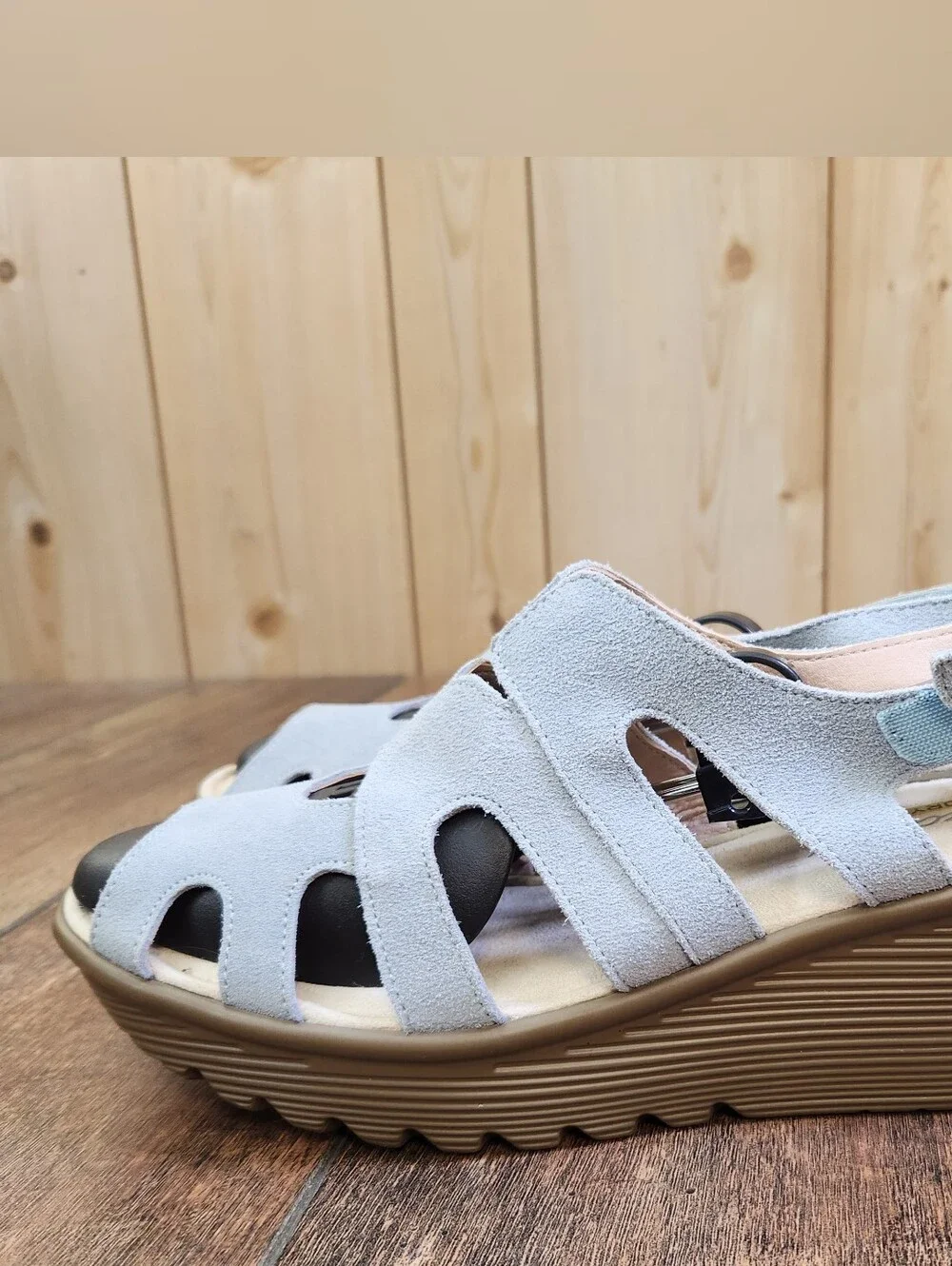 Skechers Parallel Stylin Suede Wedge Peep Toe Casual Comfort Sandals Blue 8.5